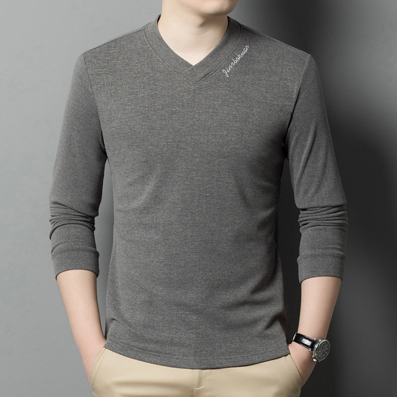 Camiseta de Manga Larga de Color Sólido para Hombre con Cuello en V