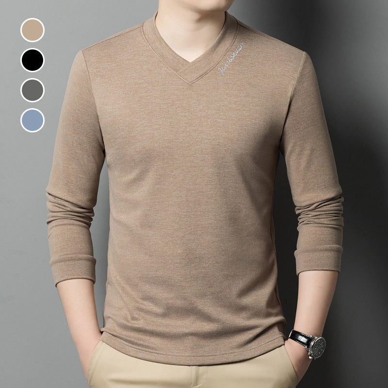 Camiseta de Manga Larga de Color Sólido para Hombre con Cuello en V