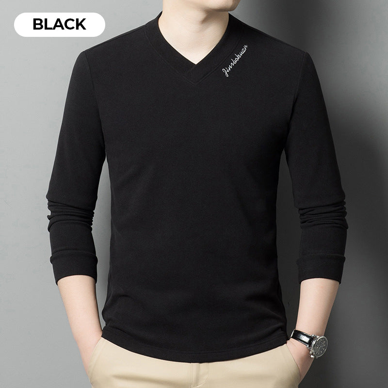 Camiseta de Manga Larga de Color Sólido para Hombre con Cuello en V