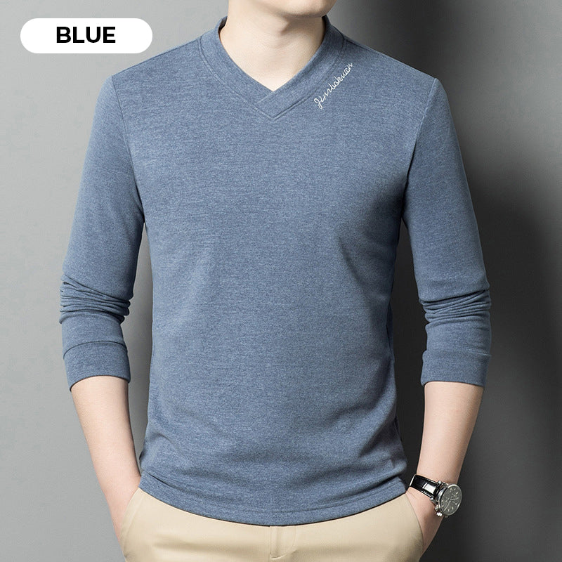 Camiseta de Manga Larga de Color Sólido para Hombre con Cuello en V
