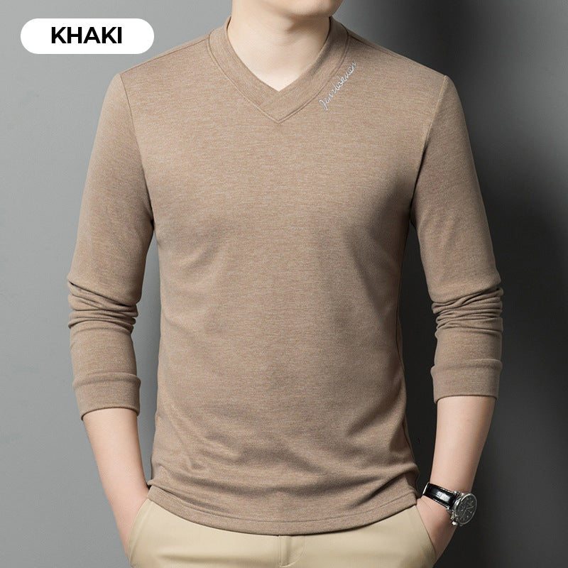 Camiseta de Manga Larga de Color Sólido para Hombre con Cuello en V