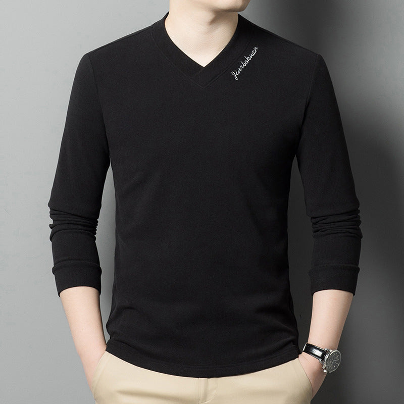 Camiseta de Manga Larga de Color Sólido para Hombre con Cuello en V