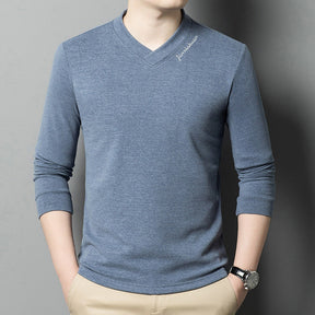 Camiseta de Manga Larga de Color Sólido para Hombre con Cuello en V