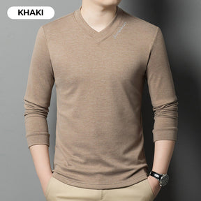 Camiseta de Manga Larga de Color Sólido para Hombre con Cuello en V